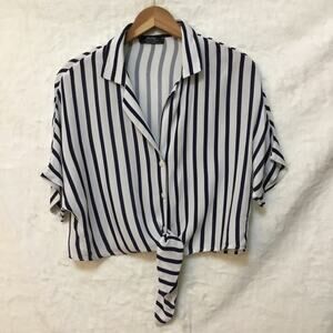 Bershka Blue Striped Short Sleeve Crop Top